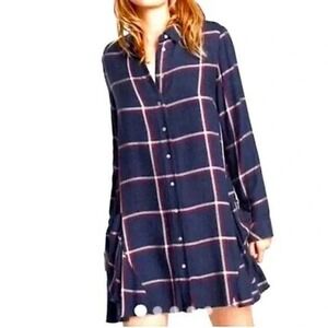 ZARA Plaid Lagenlook Slouchy Shirt Dress Large Navy Red Long Sleeve Z1975
